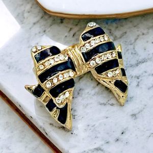 Vintage Enamel Costume Ring Black Ribbon Bow Stripe Rhinestones Cocktail Costume